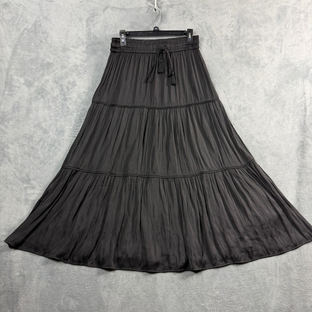 Joie Womens M Black Maxi Skirt Tiered Pleated Elastic Waist Boho Balletcore